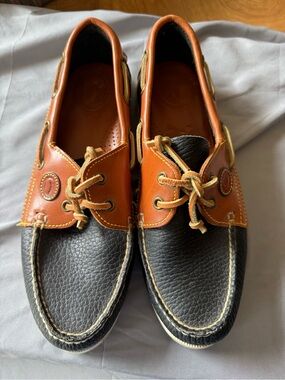Dooney & Bourke Two-Tone Leather Boat Loafers — Black and Brown